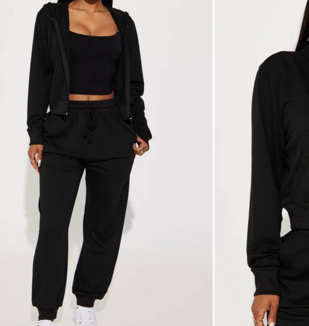 PrettyLittleThing Black Zip Up Cropped Hoodie and Jogger Set